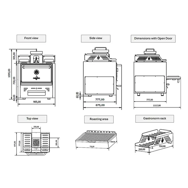 Houtskooloven | R-SERIES | 250°C/350°C | Maaltijdproductie 110/u | Brandduur 9u (15-17kg Houtskool) | 985x777x1095(h)mm