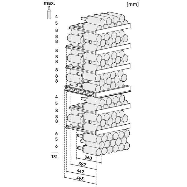 Wijnklimaatkast | VINIDOR | 131x 75cl | Zwart | 2 Zones | +5°C/+20°C | Geforceerd | Touchscreen + App | Temperatuur-/Deuralarm | Wielen | 597x675x1654(h)mm