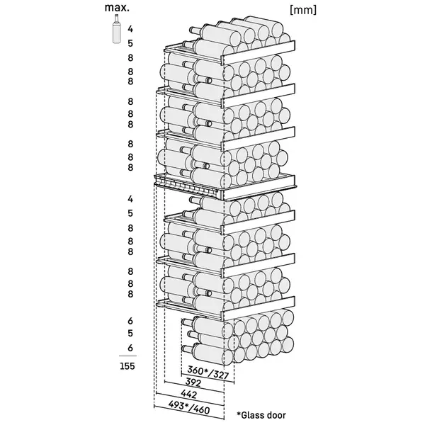 Wijnklimaatkast | VINIDOR | 155x 75cl | Zwart | 2 Zones | +5°C/+20°C | Geforceerd | Touchscreen + App | Temperatuur-/Deuralarm | Wielen | 597x675x1854(h)mm