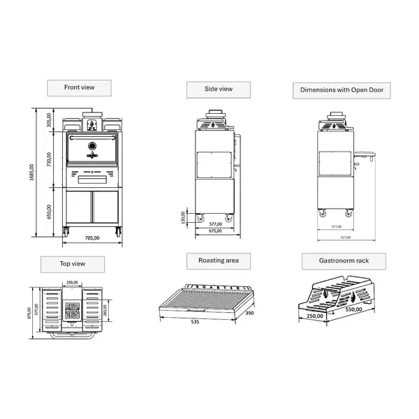 Houtskooloven | R-SERIES | 250°C/350°C | Maaltijdproductie 65/u | Brandduur 7u (6-8kg Houtskool) | Onderkast | Wielen (Geremd) | 785x577x1685(h)mm