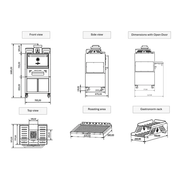 Houtskooloven | R-SERIES | 250°C/350°C | Maaltijdproductie 95/u | Brandduur 9u (10-12kg Houtskool) | Onderkast | Wielen (Geremd) | 785x777x1685(h)mm