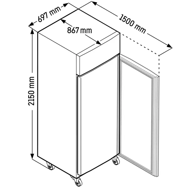 Vrieskast | PERFORMANCE | 597L (2/1 GN) | RVS | -10°C/-26°C | Geforceerd | App | Temperatuur-/Deuralarm | Wielen (Geremd) | 697x867x2150(h)mm