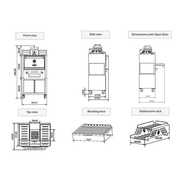 Houtskooloven | R-SERIES | 250°C/350°C | Maaltijdproductie 95/u | Brandduur 9u (10-12kg Houtskool) | Onderkast | Wielen (Geremd) | 985x577x1685(h)mm