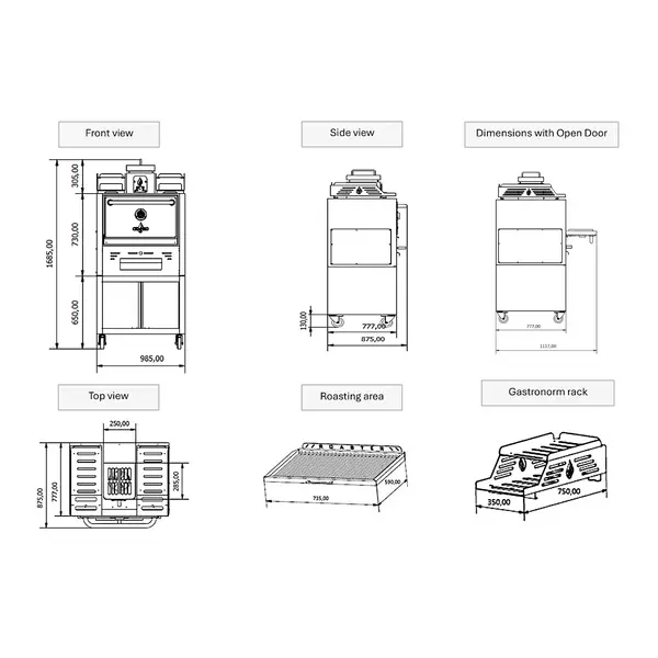 Houtskooloven | R-SERIES | 250°C/350°C | Maaltijdproductie 110/u | Brandduur 9u (15-17kg Houtskool) | Onderkast | Wielen (Geremd) | 985x777x1685(h)mm