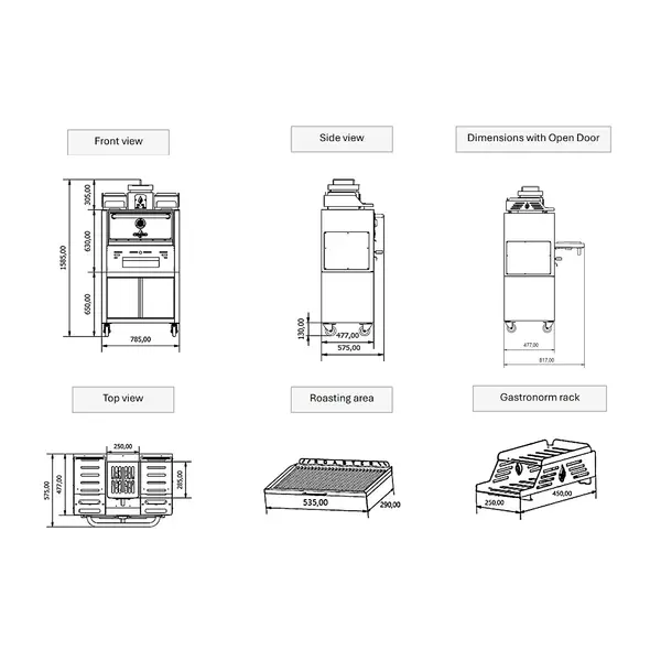 Houtskooloven | R-SERIES | 250°C/350°C | Maaltijdproductie 35/u | Brandduur 7u (5-7kg Houtskool) | Onderkast | Wielen (Geremd) | 785x477x1585(h)mm