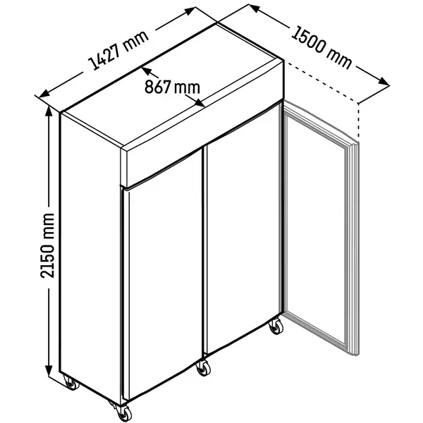 Koelkast | PERFORMANCE | 1360L (2/1 GN) | RVS | -2°C/+15°C | Geforceerd | App | Temperatuur-/Deuralarm | Wielen (Geremd) | 1427x867x2150(h)mm