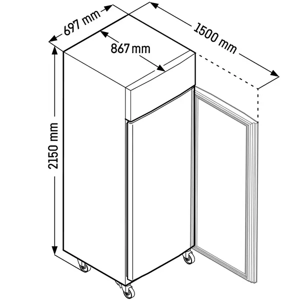 Koelkast | PERFORMANCE | Energiezuinig | 597L (2/1 GN) | RVS | -2°C/+15°C | Geforceerd | App | Temperatuur-/Deuralarm | Wielen (Geremd) | 697x867x2150(h)mm