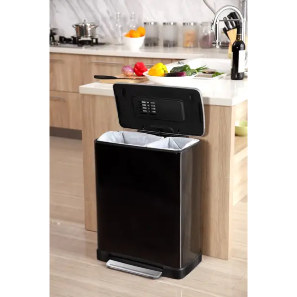 Pedaalemmer | E-CUBE | RVS | Zwart | 46L | Klapdeksel | Anti Fingerprint | Afvalscheiding | 500x345x650(h)mm