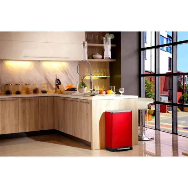 Pedaalemmer | E-CUBE | RVS | Rood | 46L | Klapdeksel | Anti Fingerprint | Afvalscheiding | 500x345x650(h)mm