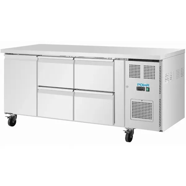 Koelwerkbank | U-SERIE | 465L | 1 Deur + 4 Laden (2/1 GN) | -2°C/+8°C | Geforceerd | Wielen (Geremd) | 1795x700x860(h)mm