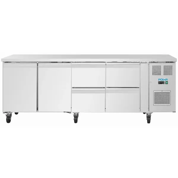 Koelwerkbank | U-SERIE | 616L | 2 Deuren + 4 Laden (2/1 GN) | -2°C/+8°C | Geforceerd | Wielen (Geremd) | 2230x700x860(h)mm