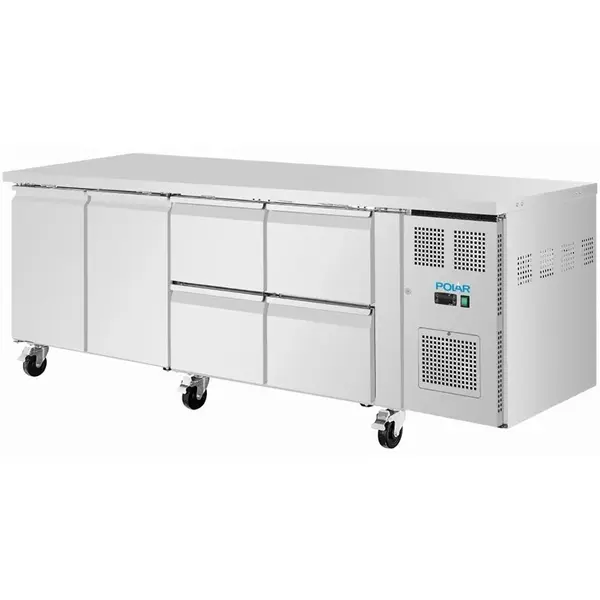 Koelwerkbank | U-SERIE | 616L | 2 Deuren + 4 Laden (2/1 GN) | -2°C/+8°C | Geforceerd | Wielen (Geremd) | 2230x700x860(h)mm