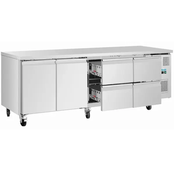 Koelwerkbank | U-SERIE | 616L | 2 Deuren + 4 Laden (2/1 GN) | -2°C/+8°C | Geforceerd | Wielen (Geremd) | 2230x700x860(h)mm