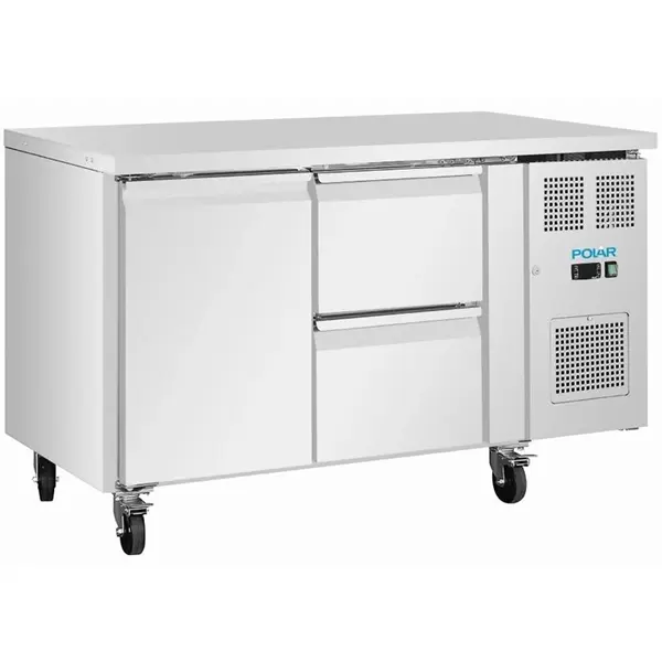 Koelwerkbank | U-SERIE | 314L (2/1 GN) | 1 Deur + 2 Laden | -2°C/+8°C | Geforceerd | Wielen (Geremd) | 1360x700x860(h)mm