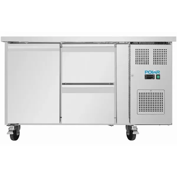 Koelwerkbank | U-SERIE | 314L (2/1 GN) | 1 Deur + 2 Laden | -2°C/+8°C | Geforceerd | Wielen (Geremd) | 1360x700x860(h)mm