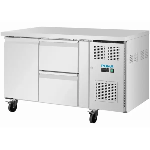 Koelwerkbank | U-SERIE | 314L (2/1 GN) | 1 Deur + 2 Laden | -2°C/+8°C | Geforceerd | Wielen (Geremd) | 1360x700x860(h)mm