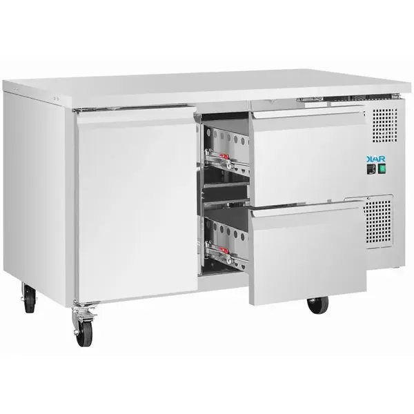 Koelwerkbank | U-SERIE | 314L (2/1 GN) | 1 Deur + 2 Laden | -2°C/+8°C | Geforceerd | Wielen (Geremd) | 1360x700x860(h)mm
