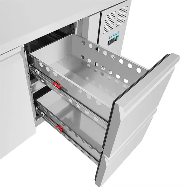 Koelwerkbank | U-SERIE | 314L (2/1 GN) | 1 Deur + 2 Laden | -2°C/+8°C | Geforceerd | Wielen (Geremd) | 1360x700x860(h)mm