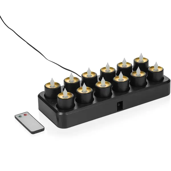 LED Kaarsen | Zwart | Warm Wit (2700K) | 12 Stuks | Oplaadbaar | Incl. Oplaadstation | Ø35x79(h)mm