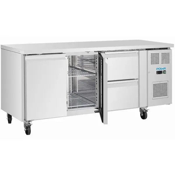 Koelwerkbank | U-SERIE | 242L (1/1 GN) | 2 Deuren + 2 Laden | -2°C/+8°C | Geforceerd | Wielen (Geremd) | 1795x700x860(h)mm