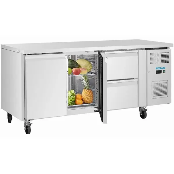 Koelwerkbank | U-SERIE | 242L (1/1 GN) | 2 Deuren + 2 Laden | -2°C/+8°C | Geforceerd | Wielen (Geremd) | 1795x700x860(h)mm