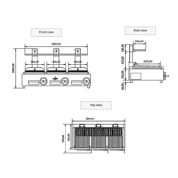 Houtskoolgrill | PARRILLA | Oppervlak 1500x620 | 200°C/250°C | Verstelbare Grillhoogte/-Hoek | 1800x825x1000(h)mm