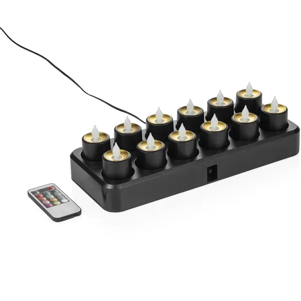 LED Kaarsen | Zwart | RGB | 12 Stuks | Oplaadbaar | Incl. Oplaadstation | Ø35x79(h)mm