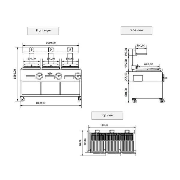 Houtskoolgrill | PARRILLA | Oppervlak 1500x620 | 200°C/250°C | Verstelbare Grillhoogte/-Hoek | Onderkast | Wielen (Geremd) | 1800x825x1550(h)mm
