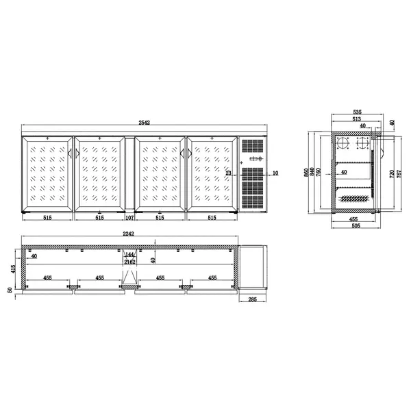 Barkoeler Zwart | 698L | 4 Glasdeuren | 230V | Geforceerd | 2542x535x860(h)mm