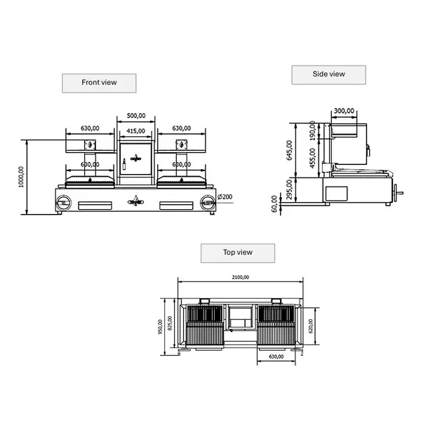 Houtskoolgrill | PARRILLA F | Oppervlak 1260x620 | 200°C/250°C | Houtvuurhaard | Verstelbare Grillhoogte/-Hoek | 2100x825x1000(h)mm