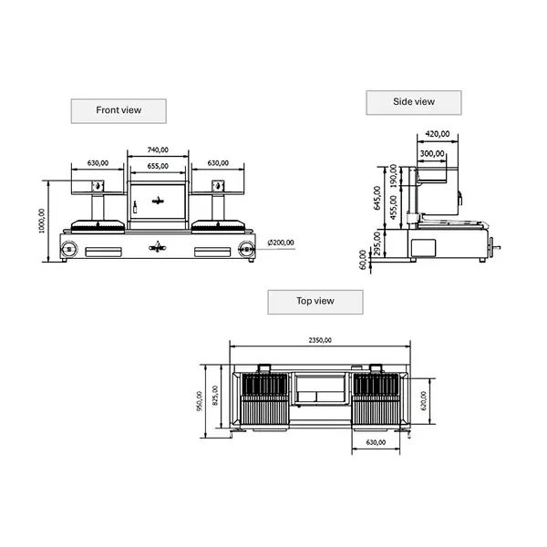 Houtskoolgrill | PARRILLA F | Oppervlak 1260x620 | 200°C/250°C | Houtvuurhaard (XL) | Verstelbare Grillhoogte/-Hoek | 2350x825x1000(h)mm