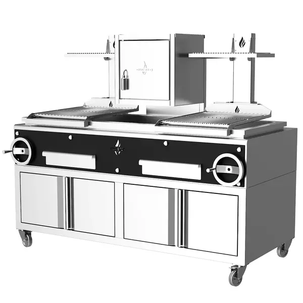 Houtskoolgrill | PARRILLA F | Oppervlak 1000x620 | 200°C/250°C | Houtvuurhaard | Verstelbare Grillhoogte/-Hoek | Onderkast | Wielen (Geremd) | 1850x825x1550(h)mm