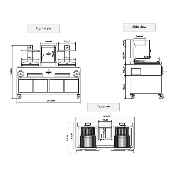 Houtskoolgrill | PARRILLA F | Oppervlak 1000x620 | 200°C/250°C | Houtvuurhaard | Verstelbare Grillhoogte/-Hoek | Onderkast | Wielen (Geremd) | 1850x825x1550(h)mm