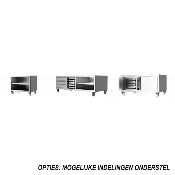 Houtskoolgrill | PARRILLA F | Oppervlak 1260x620 | 200°C/250°C | Houtvuurhaard | Verstelbare Grillhoogte/-Hoek | Onderkast | Wielen (Geremd) | 2100x825x1550(h)mm