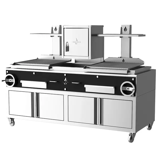Houtskoolgrill | PARRILLA F | Oppervlak 1260x620 | 200°C/250°C | Houtvuurhaard | Verstelbare Grillhoogte/-Hoek | Onderkast | Wielen (Geremd) | 2100x825x1550(h)mm