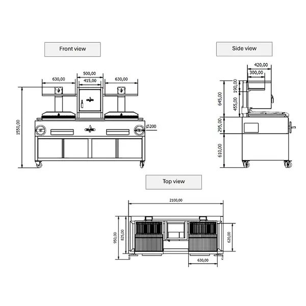 Houtskoolgrill | PARRILLA F | Oppervlak 1260x620 | 200°C/250°C | Houtvuurhaard | Verstelbare Grillhoogte/-Hoek | Onderkast | Wielen (Geremd) | 2100x825x1550(h)mm