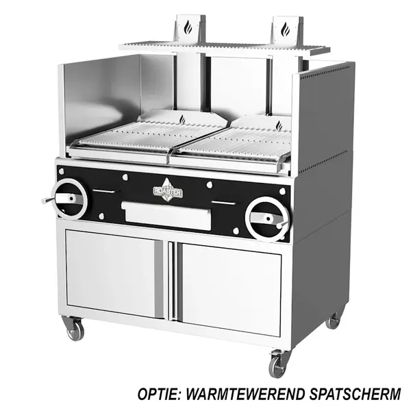 Houtskoolgrill | PARRILLA F | Oppervlak 1260x620 | 200°C/250°C | Houtvuurhaard (XL) | Verstelbare Grillhoogte/-Hoek | Onderkast | Wielen (Geremd) | 2350x825x1550(h)mm