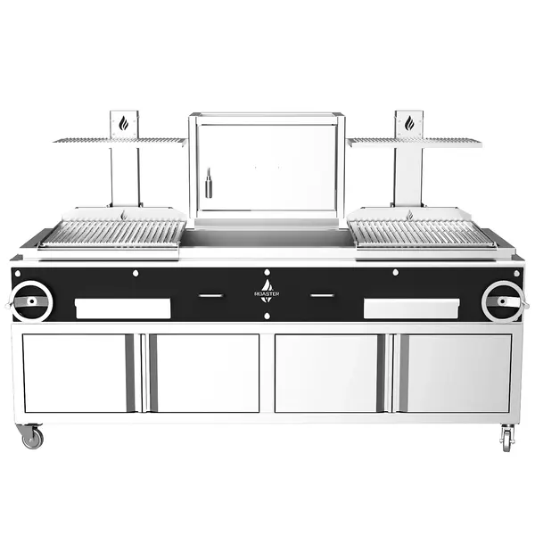 Houtskoolgrill | PARRILLA F | Oppervlak 1260x620 | 200°C/250°C | Houtvuurhaard (XL) | Verstelbare Grillhoogte/-Hoek | Onderkast | Wielen (Geremd) | 2350x825x1550(h)mm