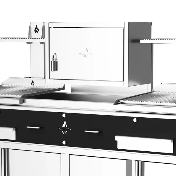 Houtskoolgrill | PARRILLA F | Oppervlak 1260x620 | 200°C/250°C | Houtvuurhaard (XL) | Verstelbare Grillhoogte/-Hoek | Onderkast | Wielen (Geremd) | 2350x825x1550(h)mm