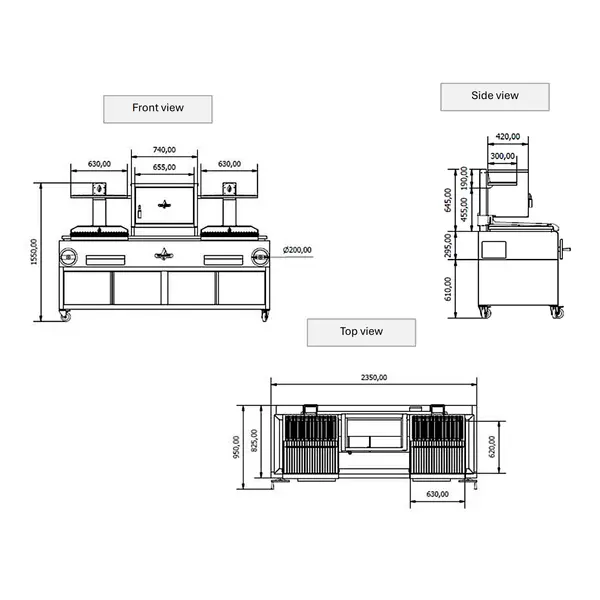 Houtskoolgrill | PARRILLA F | Oppervlak 1260x620 | 200°C/250°C | Houtvuurhaard (XL) | Verstelbare Grillhoogte/-Hoek | Onderkast | Wielen (Geremd) | 2350x825x1550(h)mm