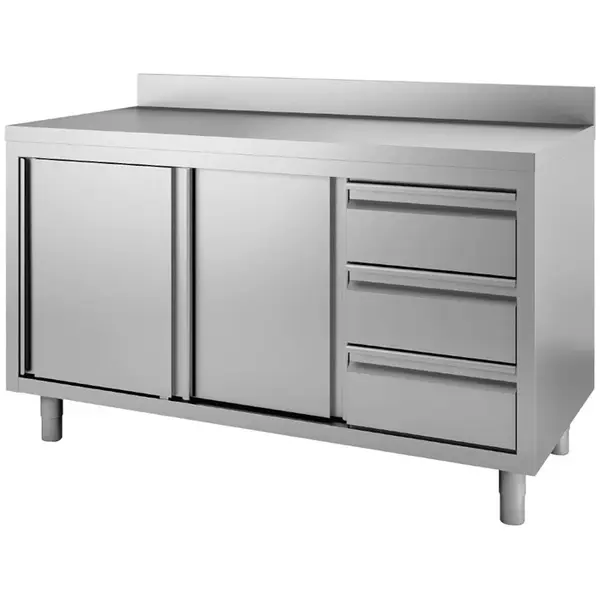 Werkbank | RVS | Schuifdeuren + Laden (Rechts) | Diepte 600 | Hoogte 850/900 | Breedte 1000-2000 | Achteropstand