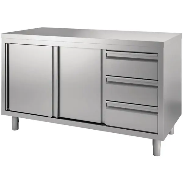 Werkbank | RVS | Schuifdeuren + Laden (Rechts) | Diepte 700 | Hoogte 850/900 | Breedte 1400-2000