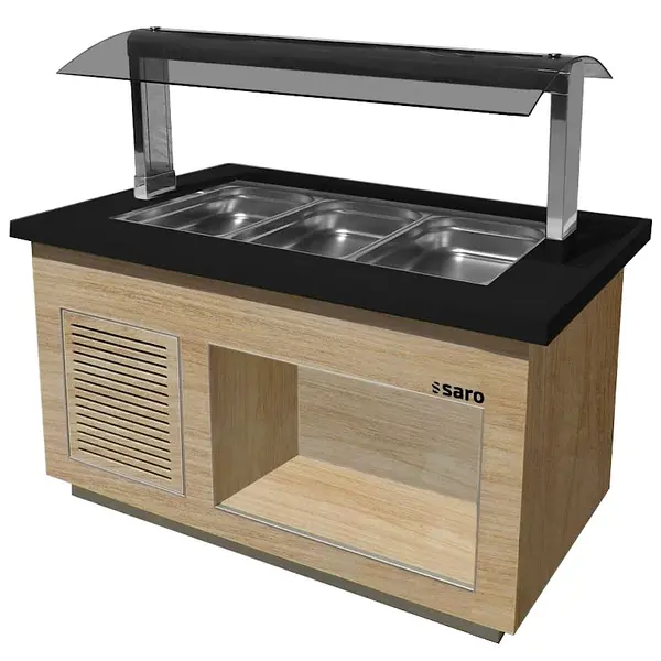 Verwarmd Buffet | PREMIUM LINE | Houtlook/Graniet | 3x 1/1 GN | 30°C/90°C | Bain-Marie | Verlichte Kap | Wielen (Geremd) | 1300x880x1350(h)mm