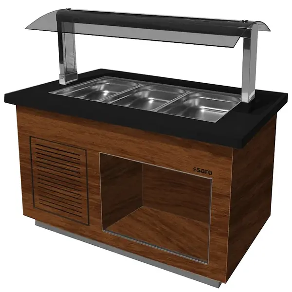 Verwarmd Buffet | PREMIUM LINE | Houtlook/Graniet | 3x 1/1 GN | 30°C/90°C | Bain-Marie | Verlichte Kap | Wielen (Geremd) | 1300x880x1350(h)mm