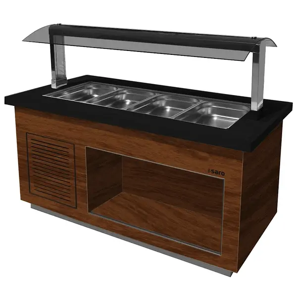 Verwarmd Buffet | PREMIUM LINE | Houtlook/Graniet | 4x 1/1 GN | 30°C/90°C | Bain-Marie | Verlichte Kap | Wielen (Geremd) | 1700x880x1350(h)mm
