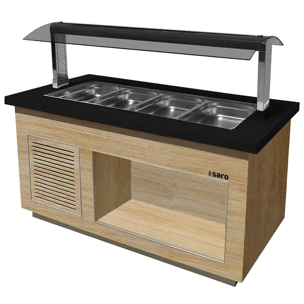 Verwarmd Buffet | PREMIUM LINE | Houtlook/Graniet | 4x 1/1 GN | 30°C/90°C | Bain-Marie | Verlichte Kap | Wielen (Geremd) | 1700x880x1350(h)mm
