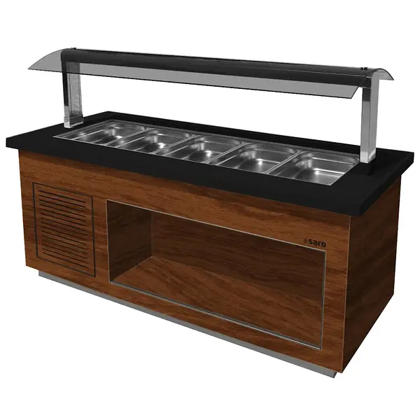 Verwarmd Buffet | PREMIUM LINE | Houtlook/Graniet | 5x 1/1 GN | 30°C/90°C | Bain-Marie | Verlichte Kap | Wielen (Geremd) | 2000x880x1350(h)mm
