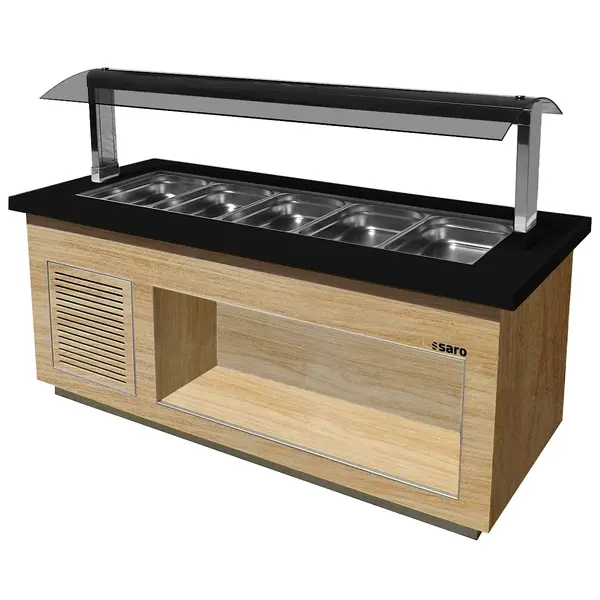 Verwarmd Buffet | PREMIUM LINE | Houtlook/Graniet | 5x 1/1 GN | 30°C/90°C | Bain-Marie | Verlichte Kap | Wielen (Geremd) | 2000x880x1350(h)mm