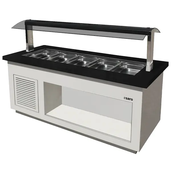 Verwarmd Buffet | PREMIUM LINE | Wit/Graniet | 5x 1/1 GN | 30°C/90°C | Bain-Marie | Verlichte Kap | Wielen (Geremd) | 2000x880x1350(h)mm
