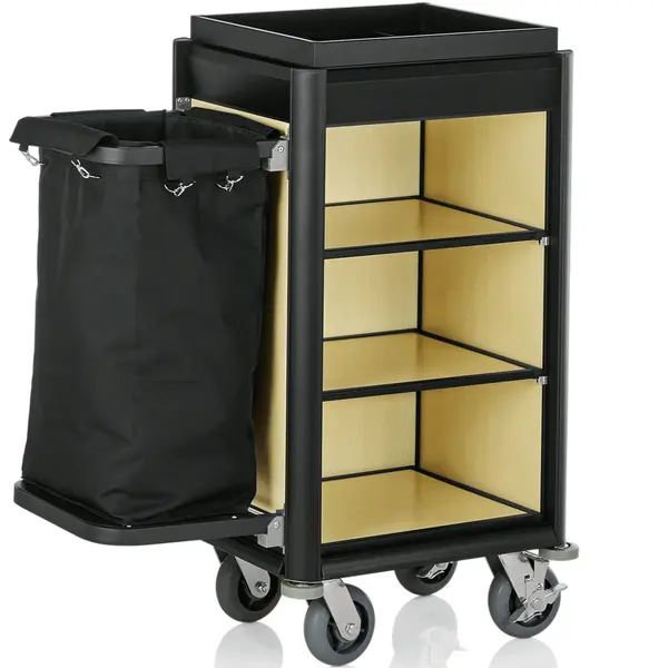 Huishoudwagen | ISABELLA | Aluminium/Hout | 4 Niveaus | Incl. Waszak | Wielen (Geremd) | 950x550x1160(h)mm